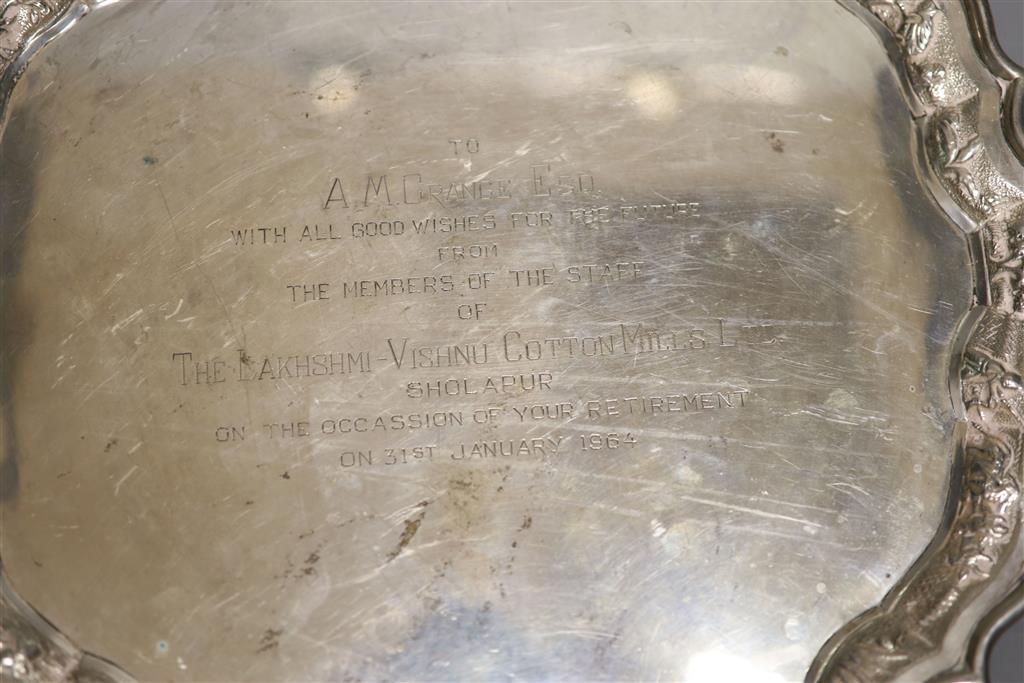 An Anglo-Indian Sterling silver presentation salver, Dia 30.5cm; 27.63oz